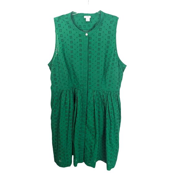 J Crew Dress Warm Clover Eyelet Sleeveless Shirtdress Kelly Green Pockets XXL - Picture 1 of 8